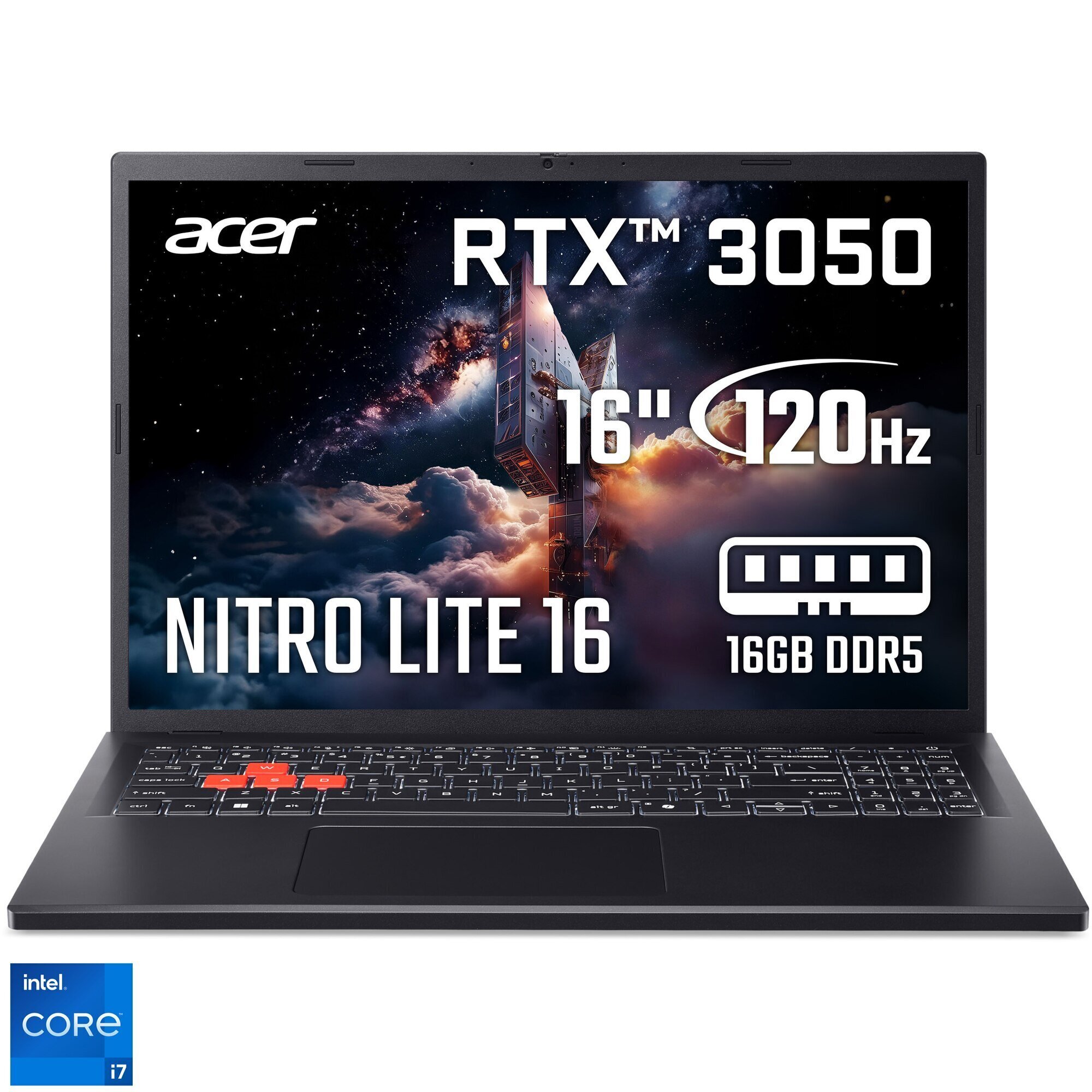 Laptop Gaming Acer Nitro Lite 16 NL16-71G-751G cu procesor Intel® Core™ i7-13620H pana la 4.90 GHz, 16'', WUXGA, IPS, 165Hz, 16GB DDR5 RAM, 512GB SSD, NVIDIA® GeForce RTX™ 3050 6GB GDDR6, No OS, Shale Black — imagine 1