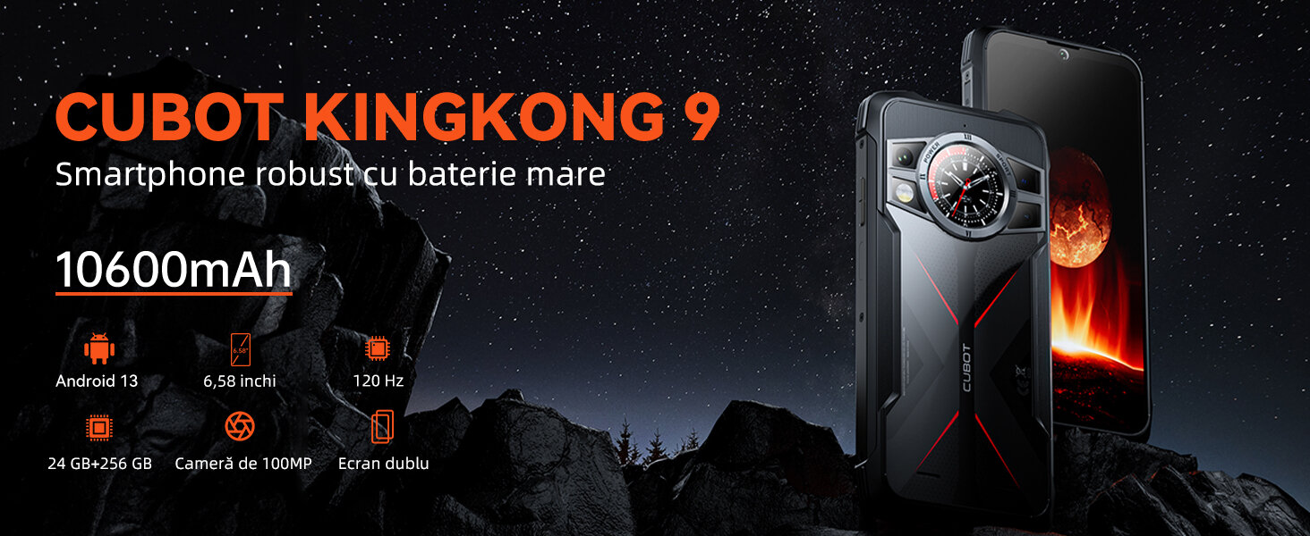 CUBOT Kingkong 9 review CUBOT Kingkong 9 Telefon mobil deblocat, 24GB+256GB/1TB extensibil, 100MP Camera foto, MediaTek Helio G99, Android 13 Smartphone fara contract, 6.583'' FHD+, baterie 10600mAh, Dual SIM 4G Cell Phone, GPS, OTG, NFC, Wi-Fi — imagine 1