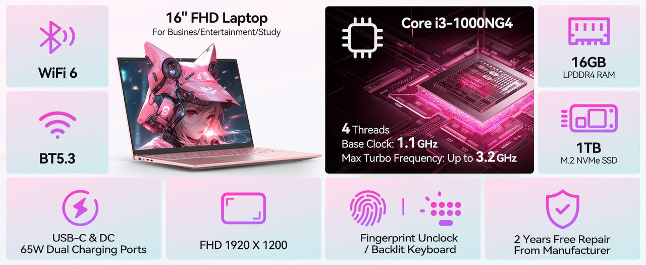 Laptop Auusda, Procesor Intel Corel i3 1000NG4 (pana la 3.2 GHz),, 16GB, SSD 1TB, Roz, 16" FHD, Windows 11 Pro, Intel Iris Plus Graphics, Roz — imagine 2