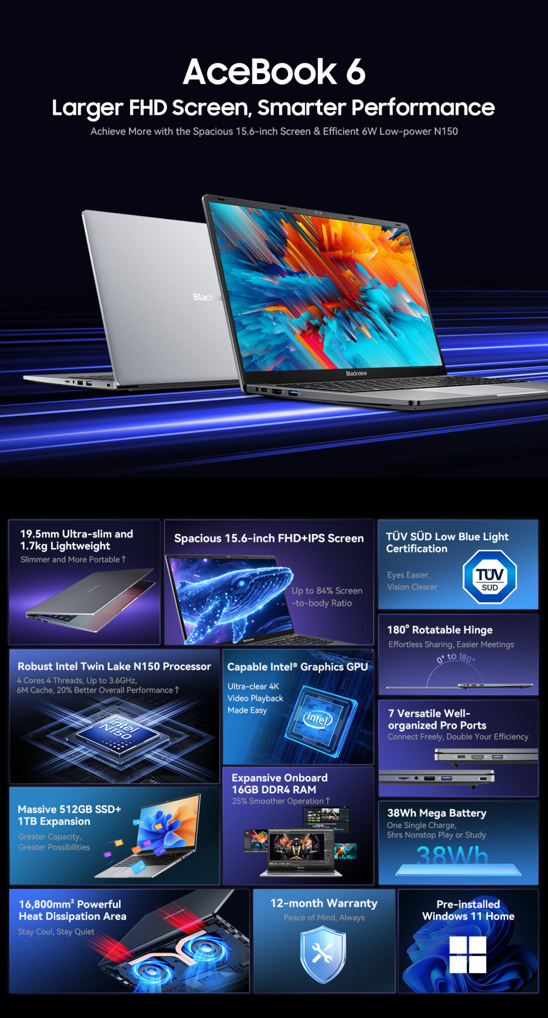 Laptop Blackview Acebook 6 review Laptop Blackview Acebook 6, 16GB DDR4 512GB SSD, Intel N150 3.6GHz/ Intel UHD Graphics, Win11 Home, 38Wh, 15.6" FHD+, HDMI 2.0, Bluetooth 5.0, USB 3.0, WLAN 5G, Gri — imagine 2