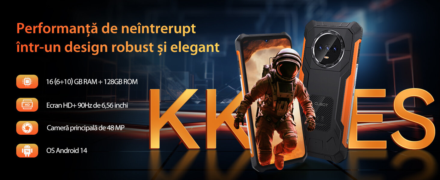 Telefon mobil CUBOT Kingkong ES review Telefon mobil CUBOT Kingkong ES, Android 14 16GB RAM + 128GB ROM, camera 48MP, display 6,56'', baterie 5000mAh, Dual SIM 4G, impermeabil IP68/IP69K, portocalie — imagine 1