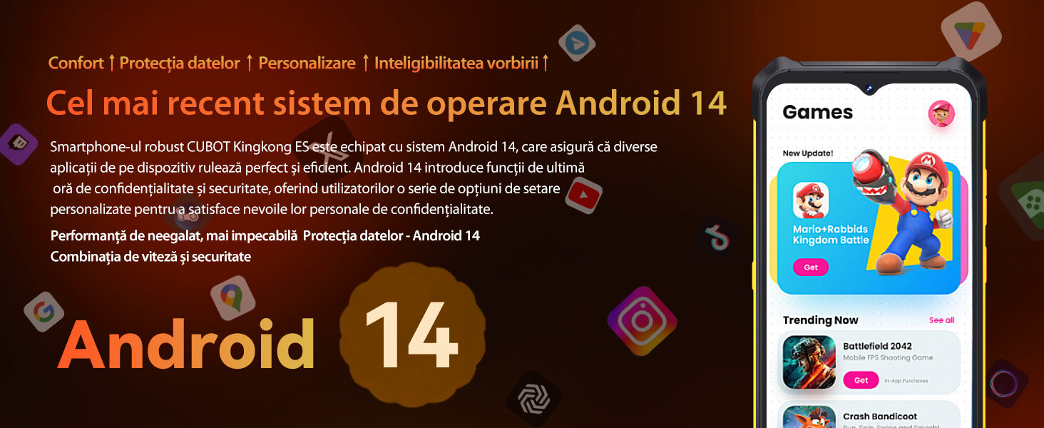 Telefon mobil CUBOT Kingkong ES review — Imagine 3 Telefon mobil CUBOT Kingkong ES, Android 14 16GB RAM + 128GB ROM, camera 48MP, display 6,56'', baterie 5000mAh, Dual SIM 4G, impermeabil IP68/IP69K, portocalie — imagine 3
