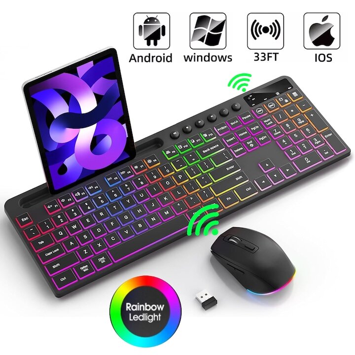 Kit wireless tastatura, Tressino, Tastatura RGB, Bluetooth 2.4G Wireless USB, Cu slot pentru telefoane mobile si tablete de pana la 7,79, Mouse cu lumina de respiratie, 7 culori si 10 efecte, Potrivit pentru birou sau acasa, Negru - eMAG.ro — imagine 1