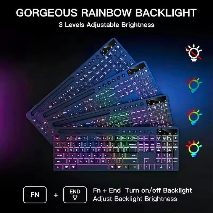 Kit wireless tastatura, Tressino, Tastatura RGB, Bluetooth 2.4G Wireless USB, Cu slot pentru telefoane mobile si tablete de pana la 7,79, Mouse cu lumina de respiratie, 7 culori si 10 efecte, Potrivit pentru birou sau acasa, Negru - eMAG.ro — imagine 2
